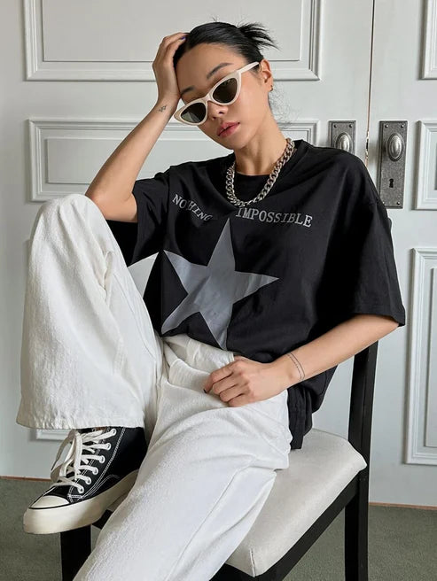 Star & Slogan Graphic Drop Shoulder Tee NOTHING IS IMPOSSIBLE Y2k